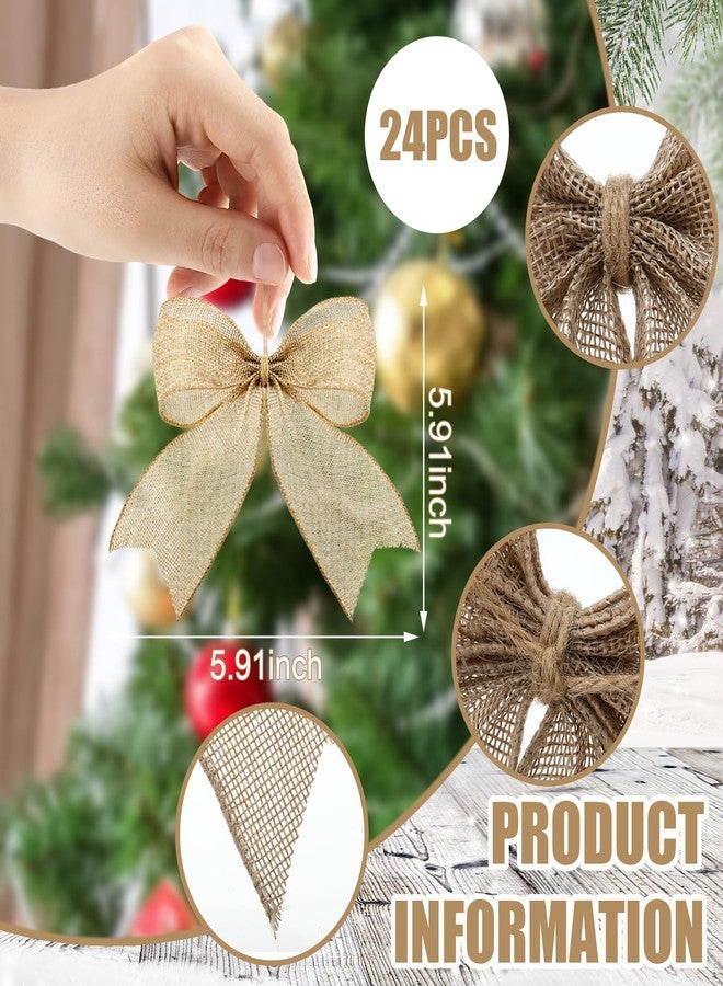 Suncalla 24 Pcs Burlap Christmas Bows Decoration 5.9 Inch Christmas Tree Rustic Ornament Natural Burlap Ribbon Bow Knot for Xmas Tree Wreath Holiday Party Decorations (Neutral) - Image 3